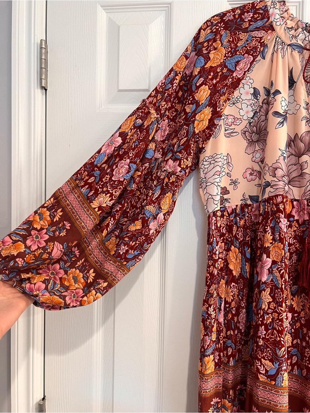 Umgee Mixed Print Boho Floral Tiered Long Sleeve Midi Dress Blush Burgundy Flowy - Picture 4 of 6